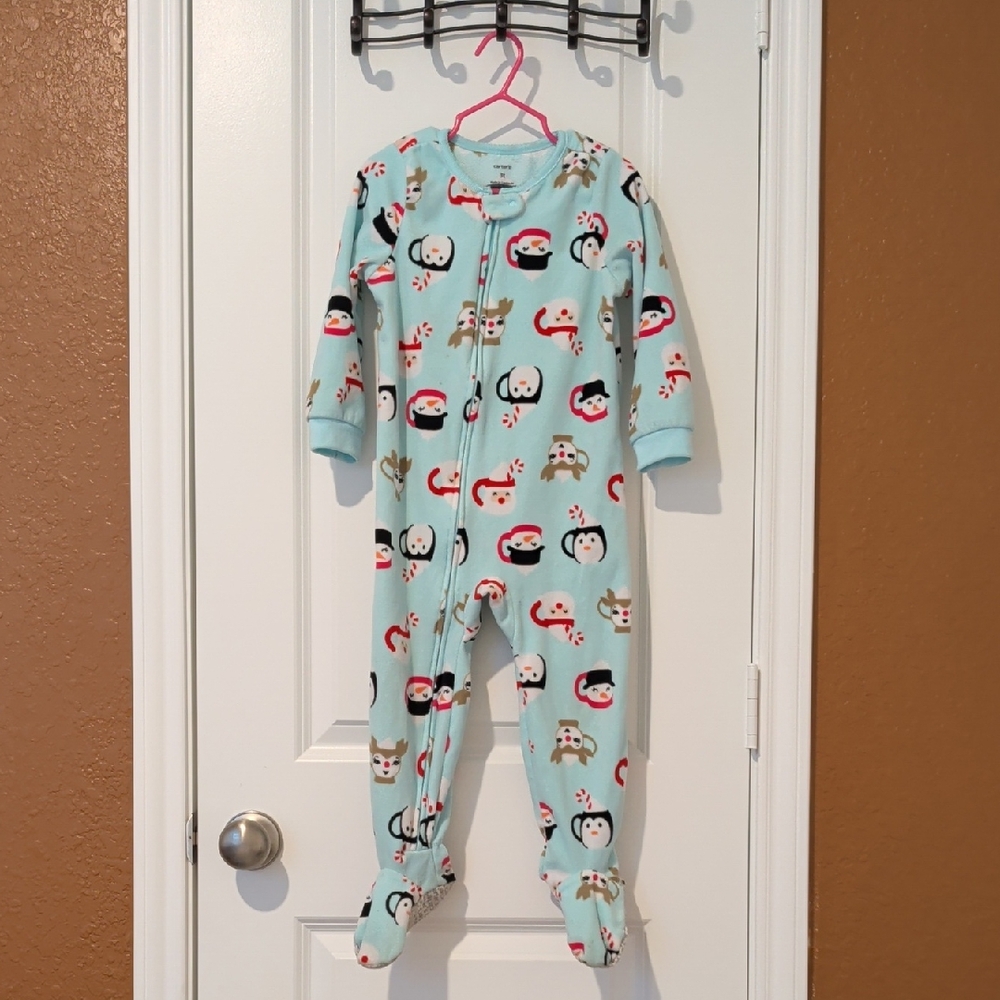 Carter's Light Blue Penguin & Candy Cane Footed One-Piece Pajamas